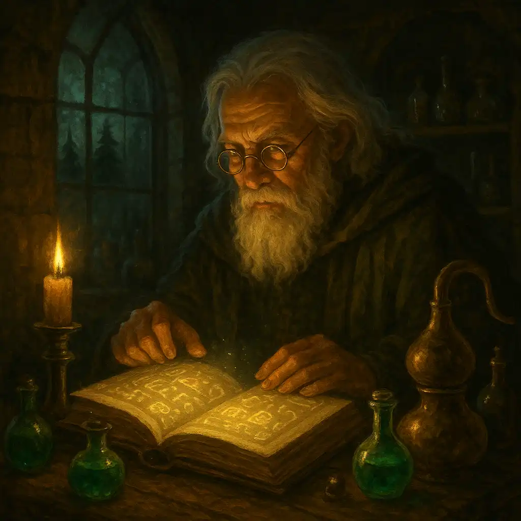 Alter Alchemist pruft ein Rezeptbuch neben leuchtenden Tinkturglaesern in einem Kerzenlicht-Labor
