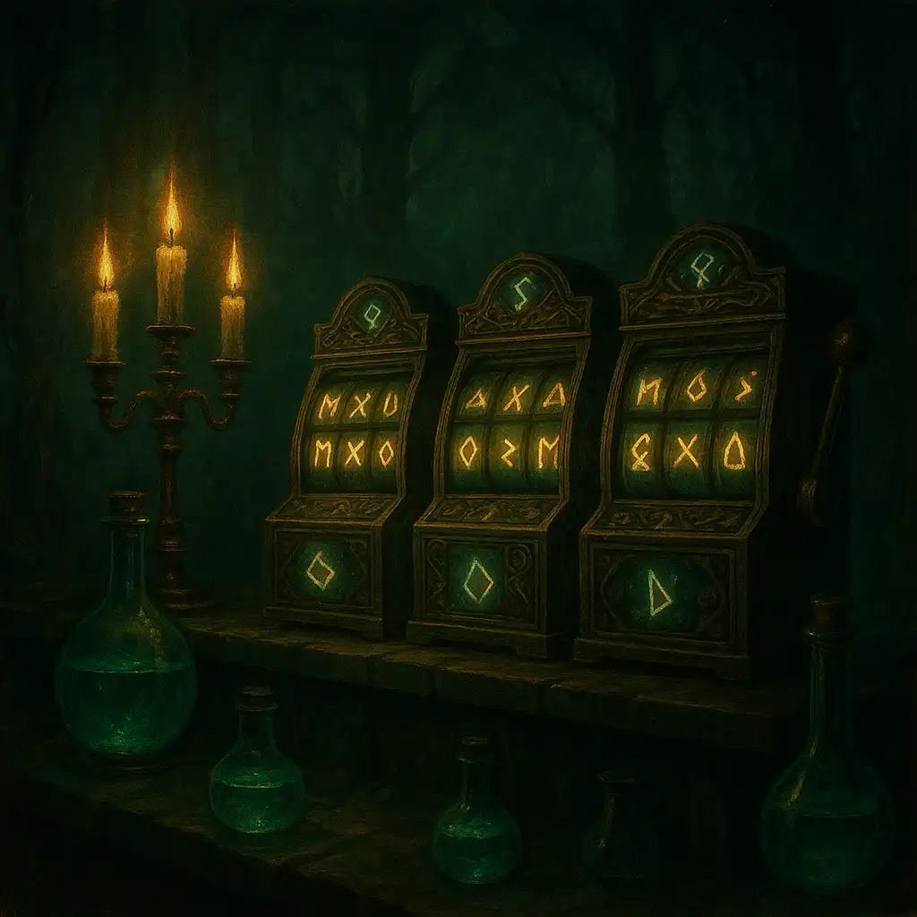 Reihe leuchtender Runen-Spielautomaten in einem Alchemistenlabor mit Kesseln und Kerzen